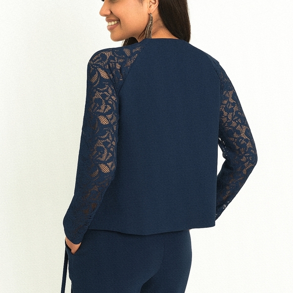Navy Blue Lace Sleeve Blazer Romantic Officewear Feminine Chic Sz 44 EU/US L - Picture 3 of 10